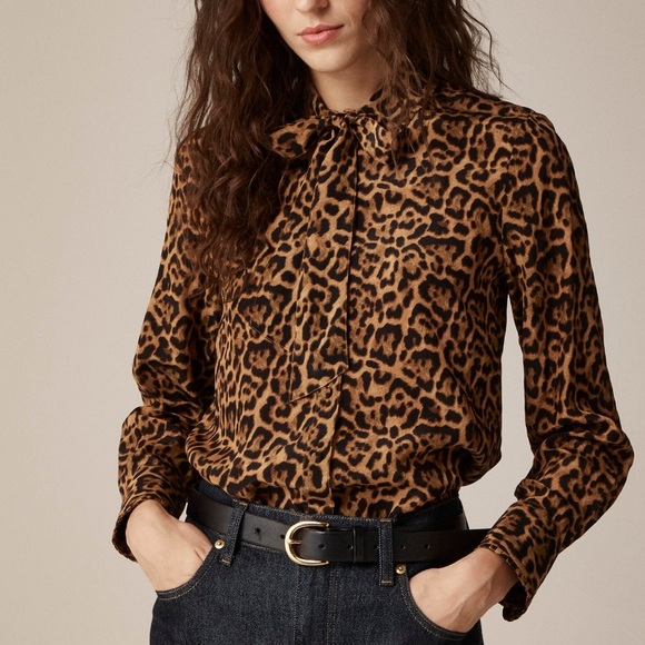 NWT J. CREW Removable Tie-Neck Button-Up Shirt in Leopard Crepe Medium - Picture 1 of 12